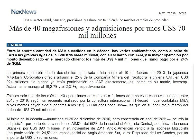 Ms de 40 megafusiones y adquisiciones por unos US$ 70 mil millones